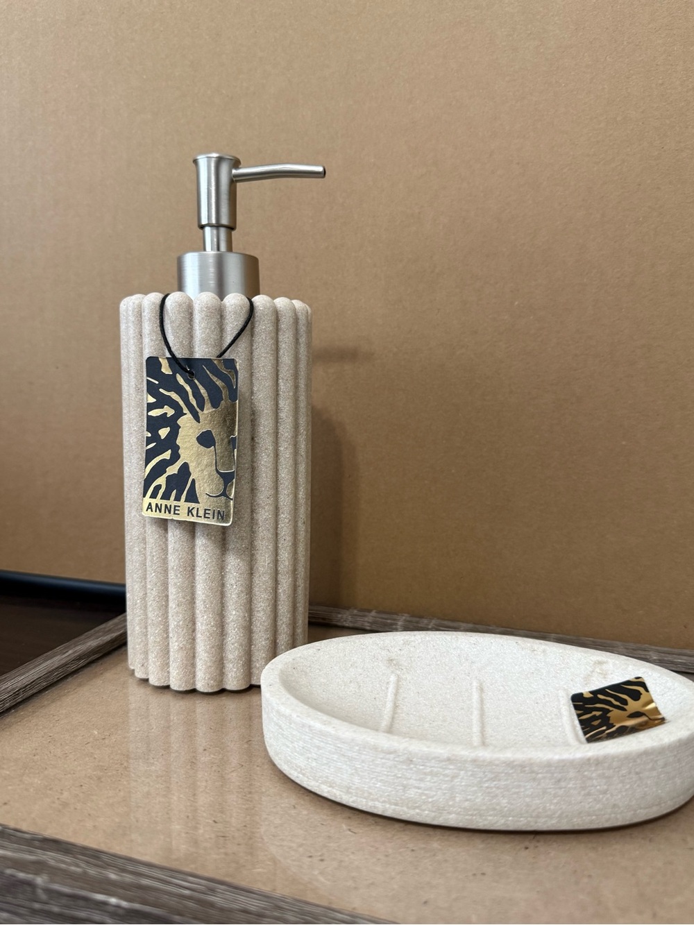 Anne Klein Cream Ribbed Soap Dispenser and Matching Dish